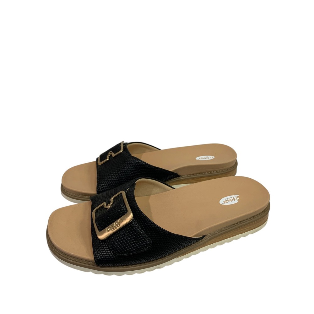 Size 9 Dr Scholls Womens Black Snake Print Buckle Slide Sandals